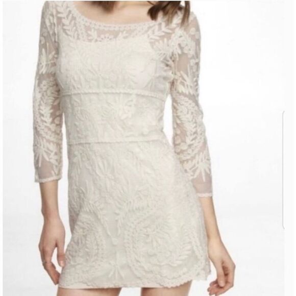 Express Women's Party Boho Dress Ivory Lace Overlay Fit & Flare Slip Size S - Picture 1 of 9
